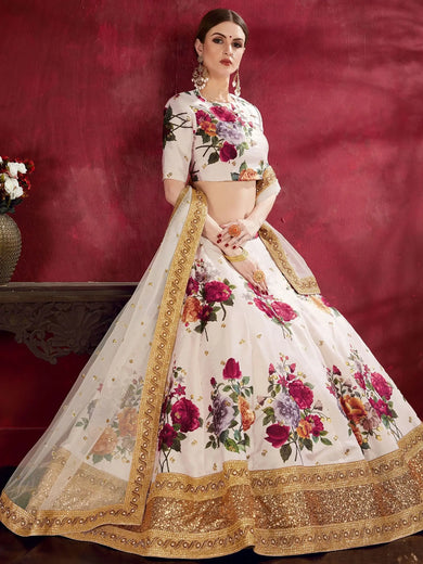 Off-White Floral Print Banglori Silk Bridal Lehenga Choli With Dupatta